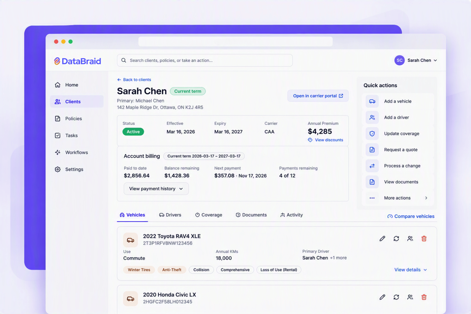 DataBraid broker workspace showing policy, billing, vehicle and carrier workflow information